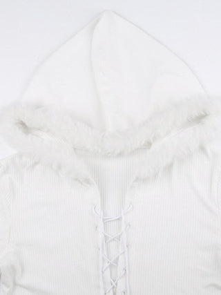 Fuzzy Hood White Ribbed Knit Crop Top