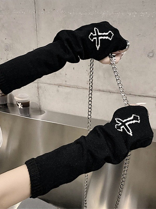 Cross Pattern Knit Arm Warmer Gloves