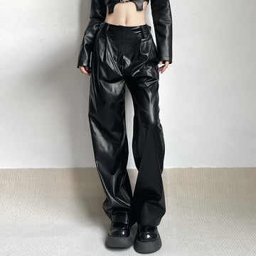Black Faux Leather Relaxed Straight Fit Pants