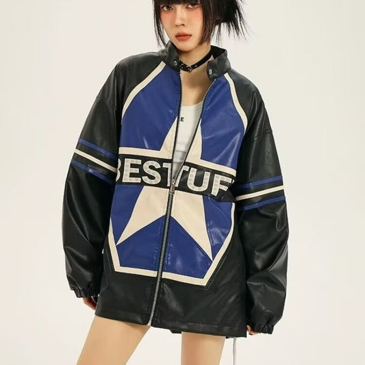 Vintage Contrast Color Star Leather Loose Jacket