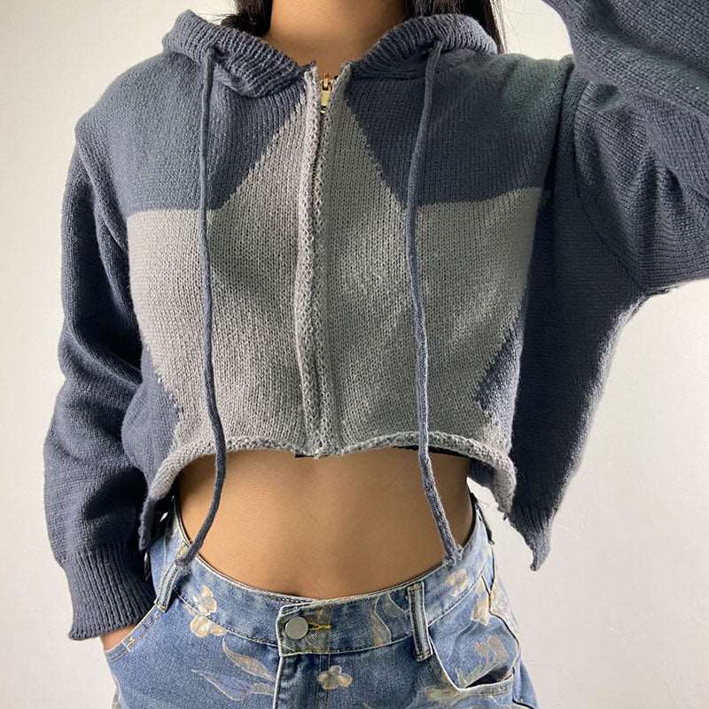 Hooded Star Zip-up Cropped Cardigan