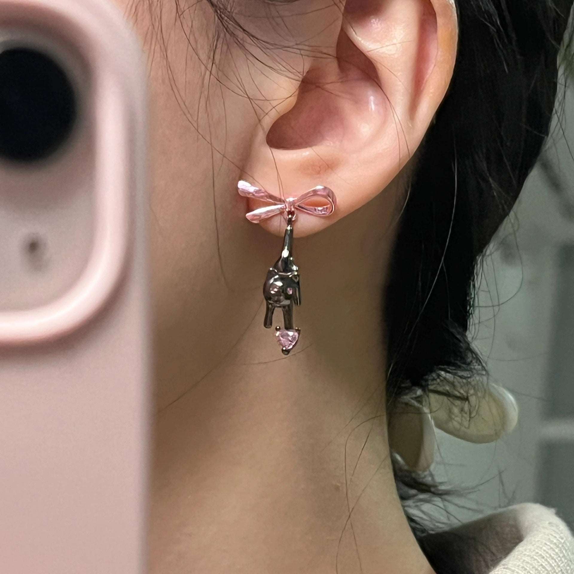 Crystal Ribbon Cat Heart Earrings