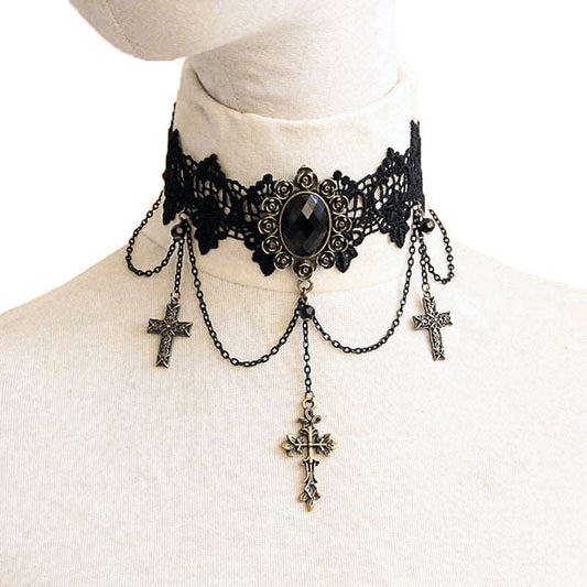Black Cross Chain Lace Necklace Choker