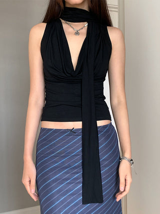 V Neck Ribbon Halter Neck Tank Top