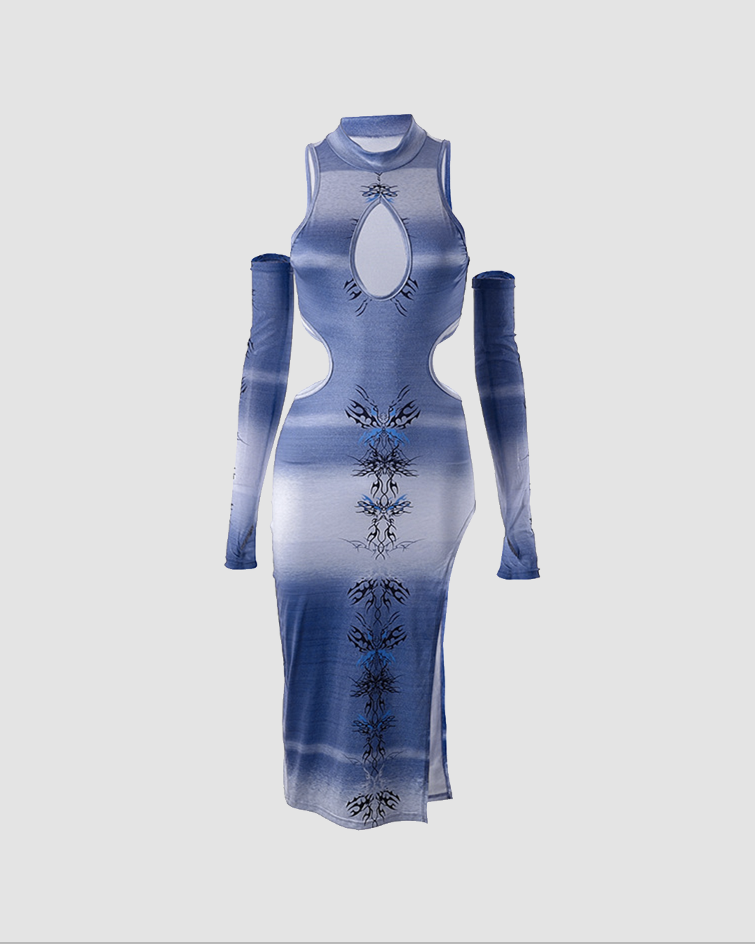 Cyber Printed Mesh Side-Spilt Dress
