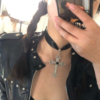 Gothic Cross Ribbon Necklace