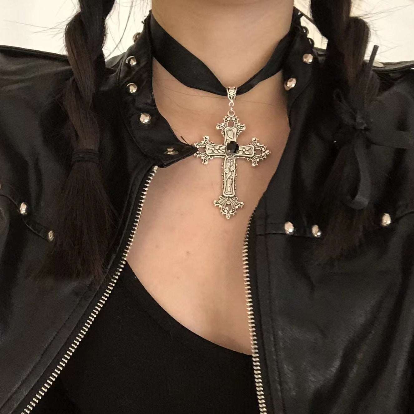 Gothic Cross Ribbon Necklace