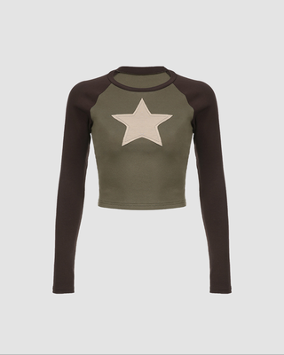 Star Patch Raglan Contrast Color Long Sleeve Tee