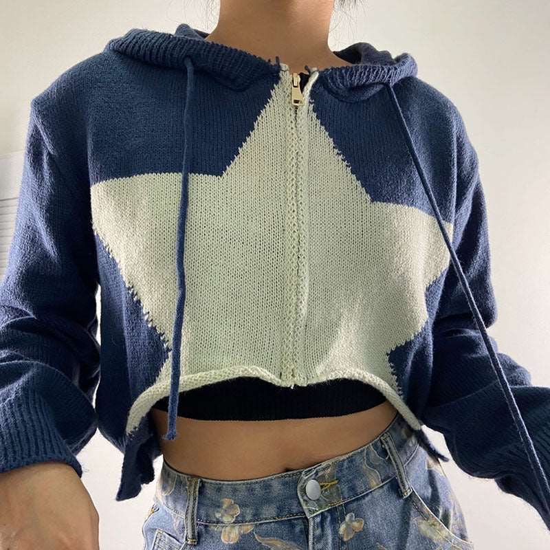 Hooded Star Zip-up Cropped Cardigan