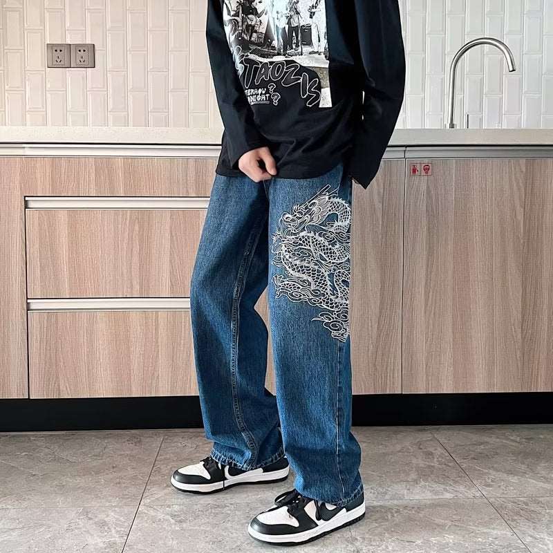 Men's Dragon Embroidered Straight Leg Jeans