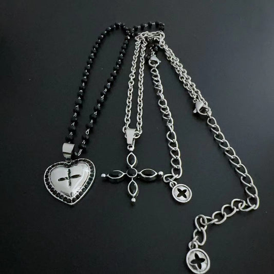 Vintage Distressed Heart Cross Necklace - Set of 2