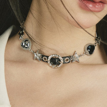 Rhinestone Star Leather Necklace Choker