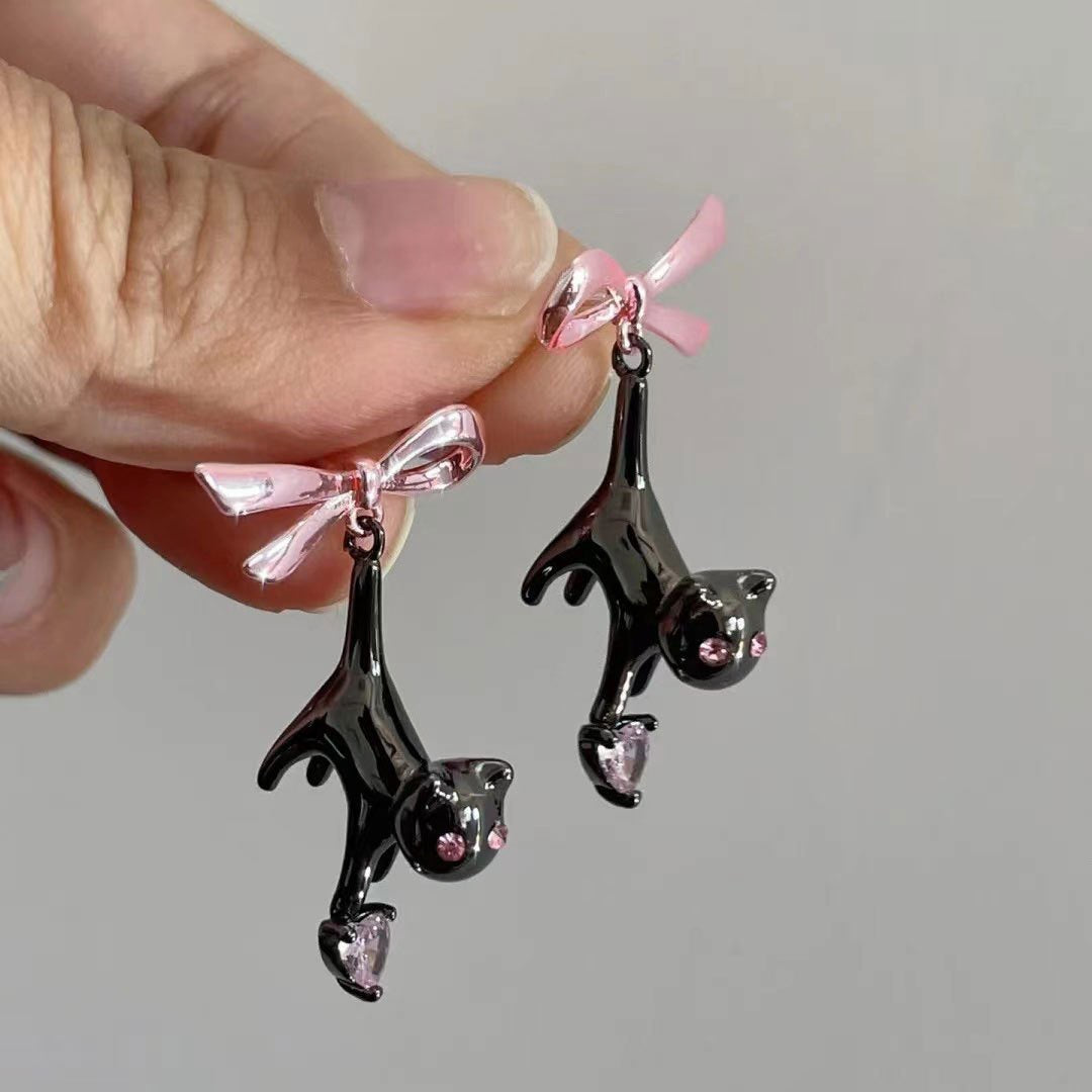 Crystal Ribbon Cat Heart Earrings