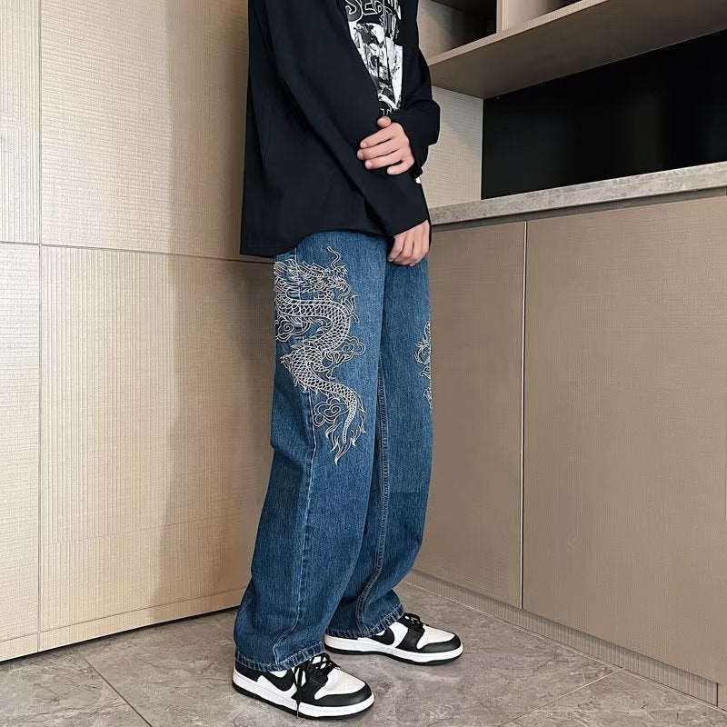 Men's Dragon Embroidered Straight Leg Jeans