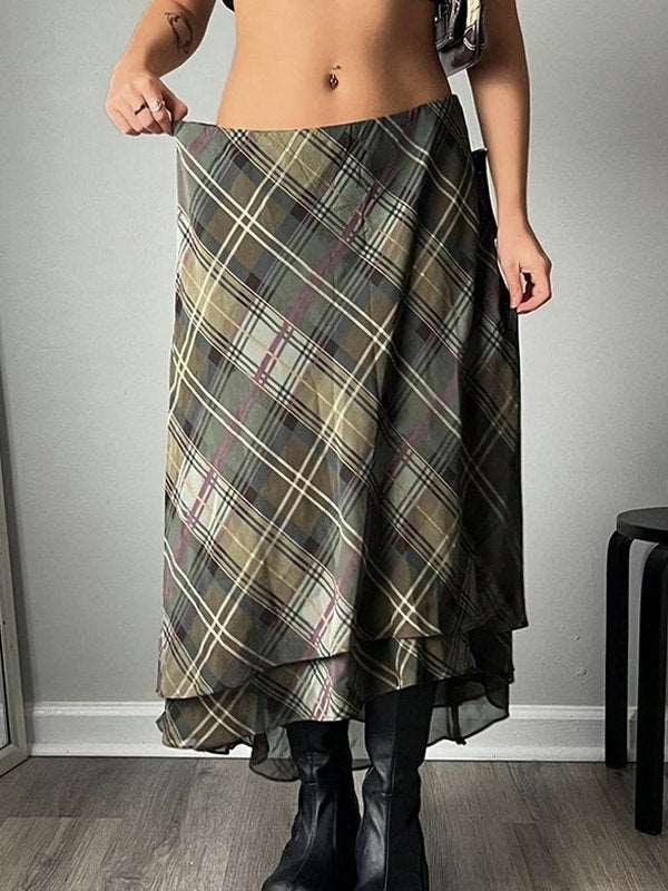 Layer Checkered Midi Skirt