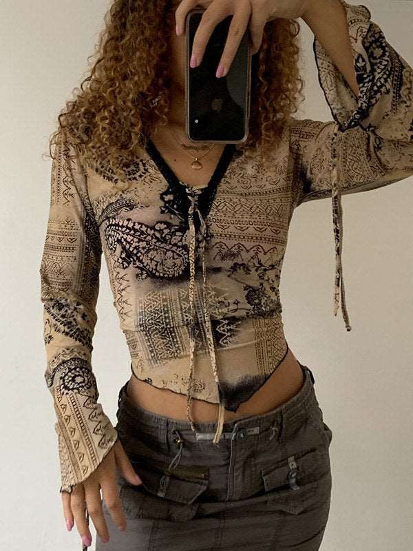 Lace Up Long Sleeve Printed Crop Blouse