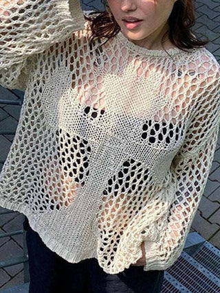 Cross Pattern Crochet Hollow Long Sleeve Knit Top