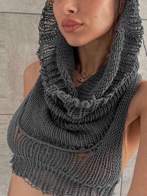 Hooded Crochet Knit Cropped Tank Top