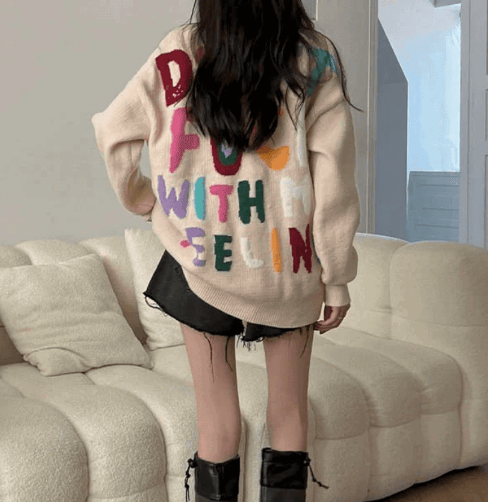 Rainbow Letter Jacquard Pullover Sweater