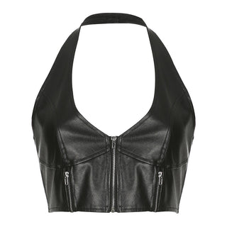 Halter Zip Up Pu Leather Crop Tank Top