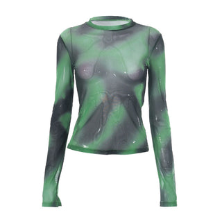 Tie-Dye Mesh Print Long Sleeve Top