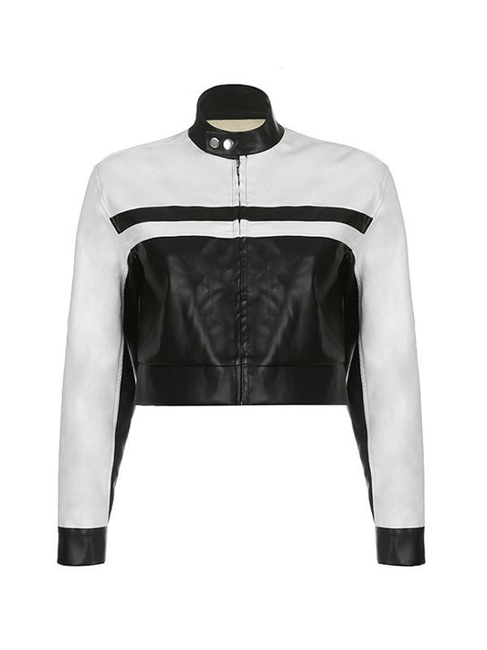 Contrast Pu Leather Cropped Moto Jacket
