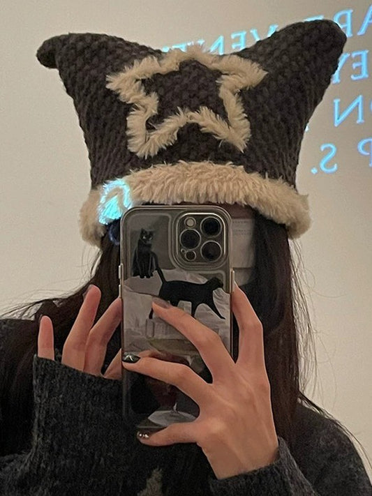 Fuzzy Star Knitted Cat Beanie Hat
