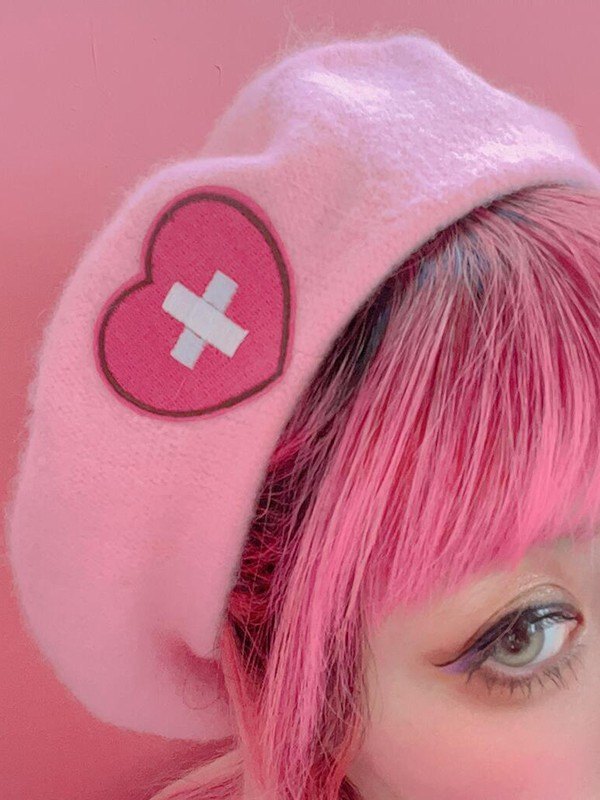 Cross Heart Embroidered Pink Beret Hat