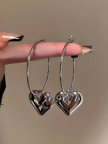 Silver Heart Charm Hoop Earrings